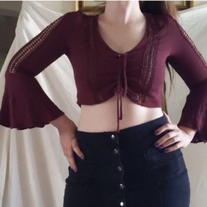 ❤️‍🔥3 for $15 Windsor Burgundy Bell Sleeve Lace-up crop top!